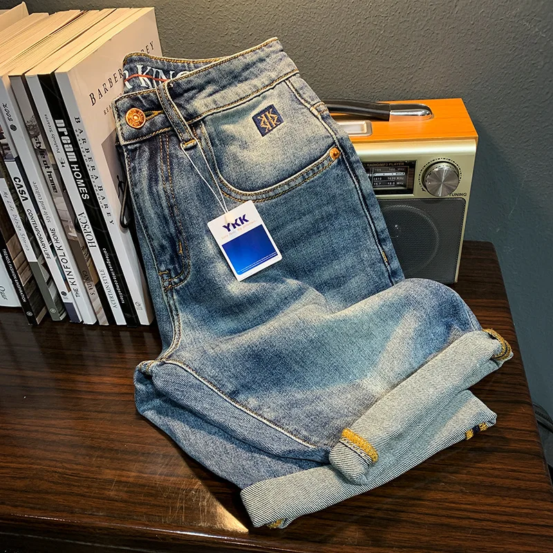 Thin Denim Shorts for Men2024Summer New Embroidery Fashion High-End Unique Design Leisure Washed-out Fifth Pants