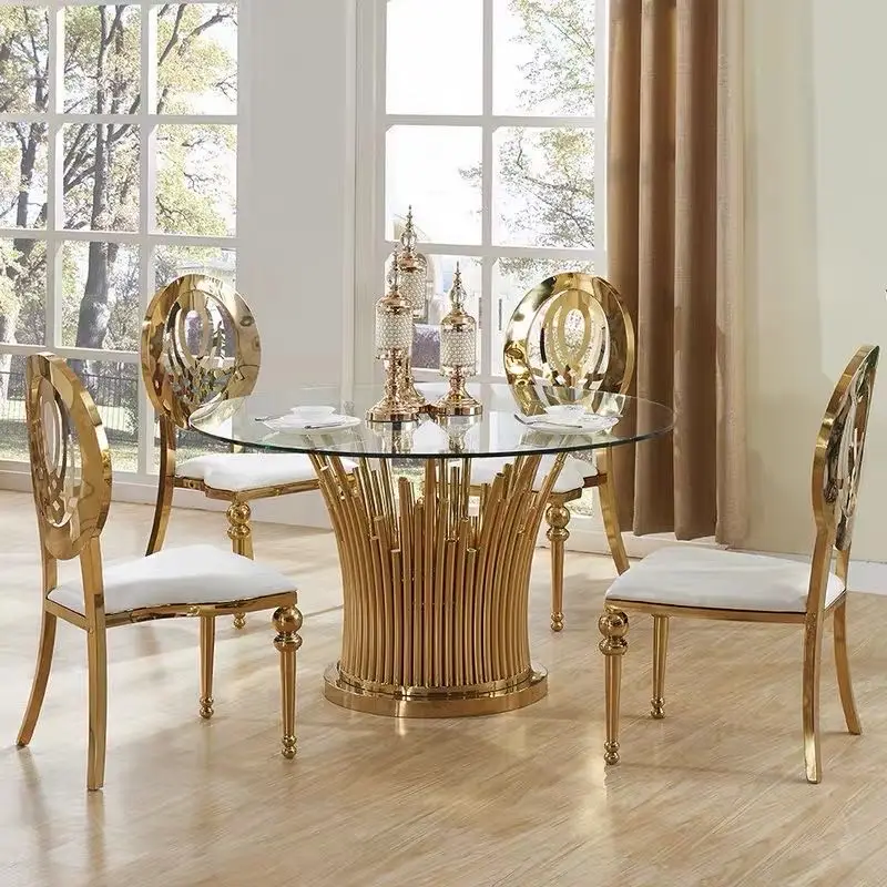 

Light luxury stainless steel gold dining chairs wedding banquet hall dining table and chairs