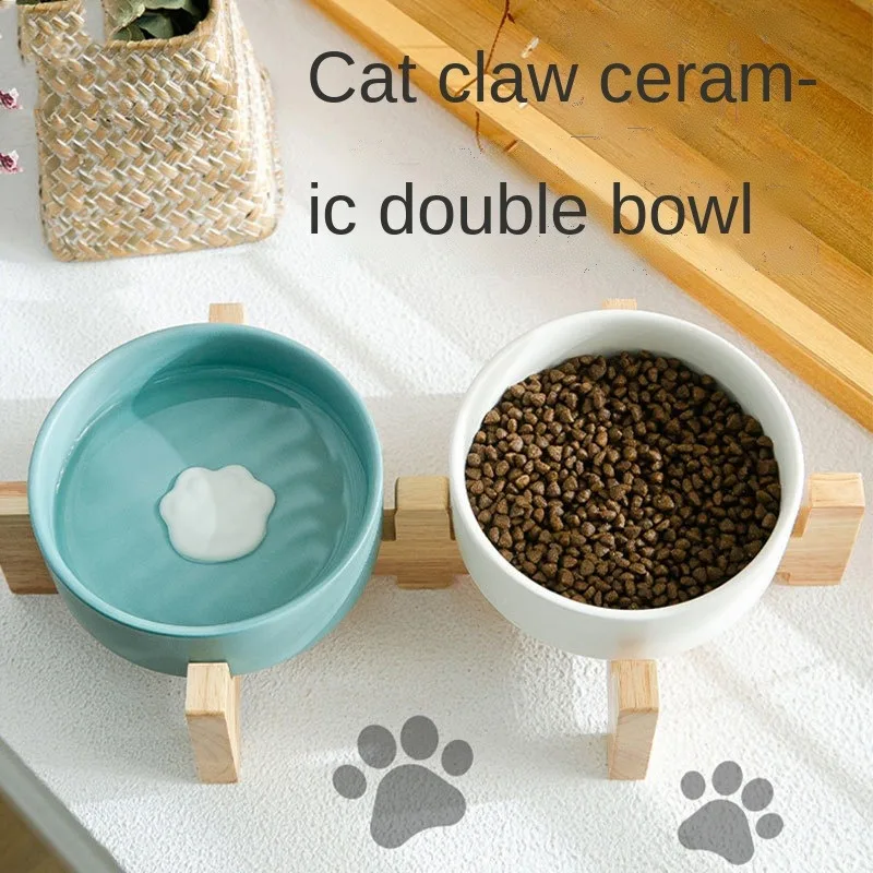 

Cat bowl ceramic double bowl dog bowl to protect cervical spine high foot cat food basin to prevent overturning cat food