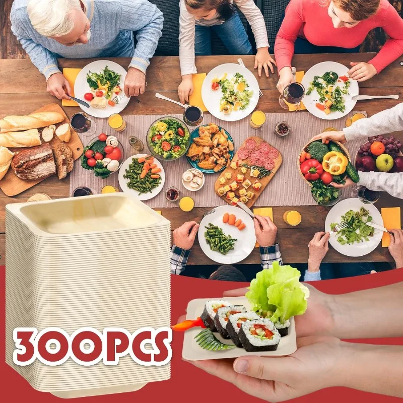 300 Pcs Disposable Square Palm Bowls Palm Leaf Bowls Bamboo Disposable Plates Square Wood Plates for Birthday Party,