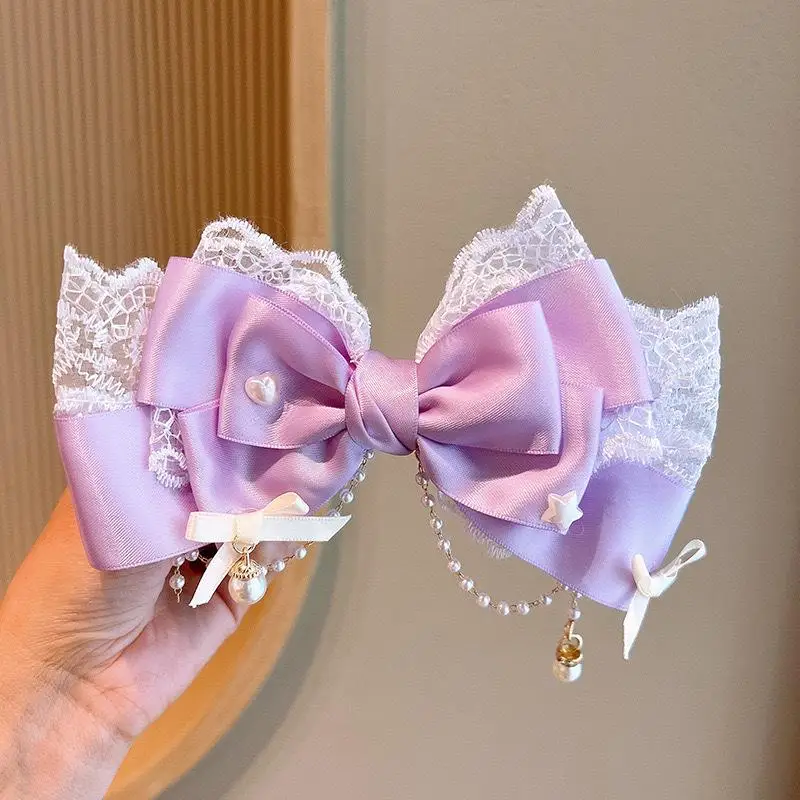 Pink Lolita Lace Bow Headpiece with Pearl Accents