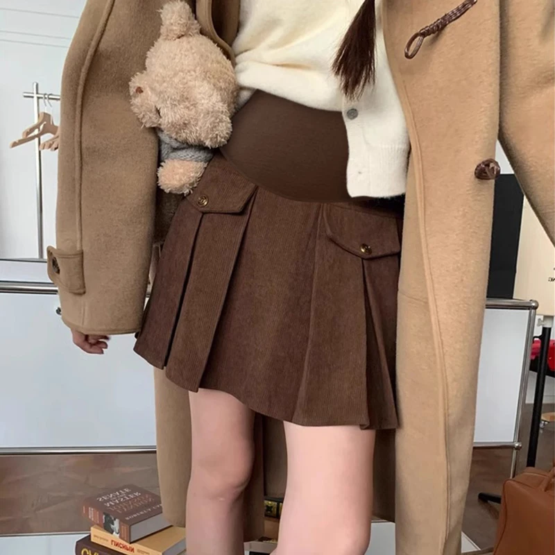 Autumn Winter Maternity Woolen Skirts with Golden Buttons High Waist Pregnant Woman Pleated Skirts Sexy Mini Skirt Black Brown