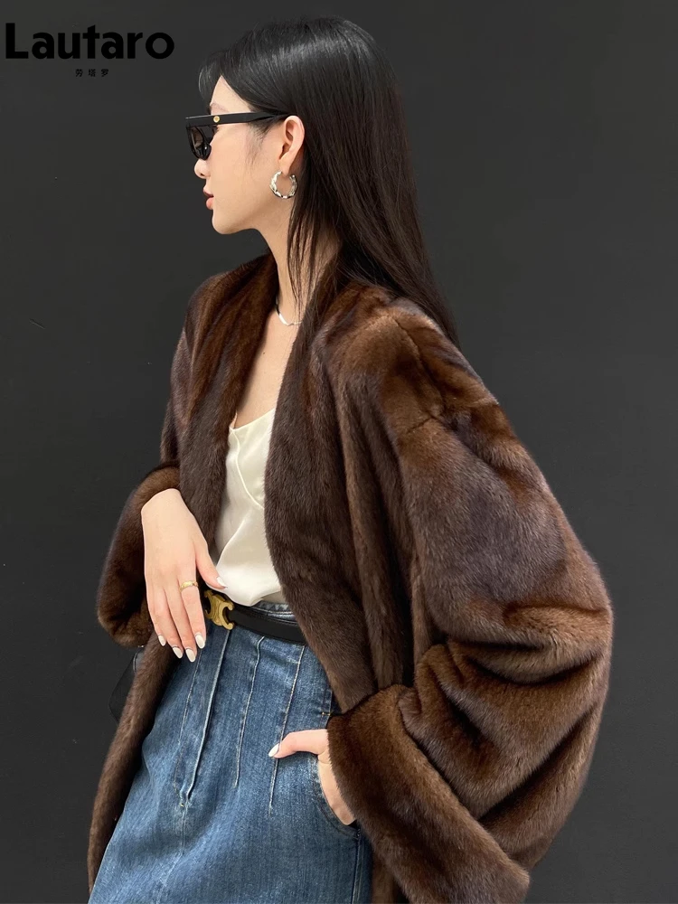 Lautaro Winter Long Vintage Elegant Luxury Chic Thick Warm Soft Brown Fluffy Faux Mink Fur Coat Women V Neck Furry Overcoat 2023 4