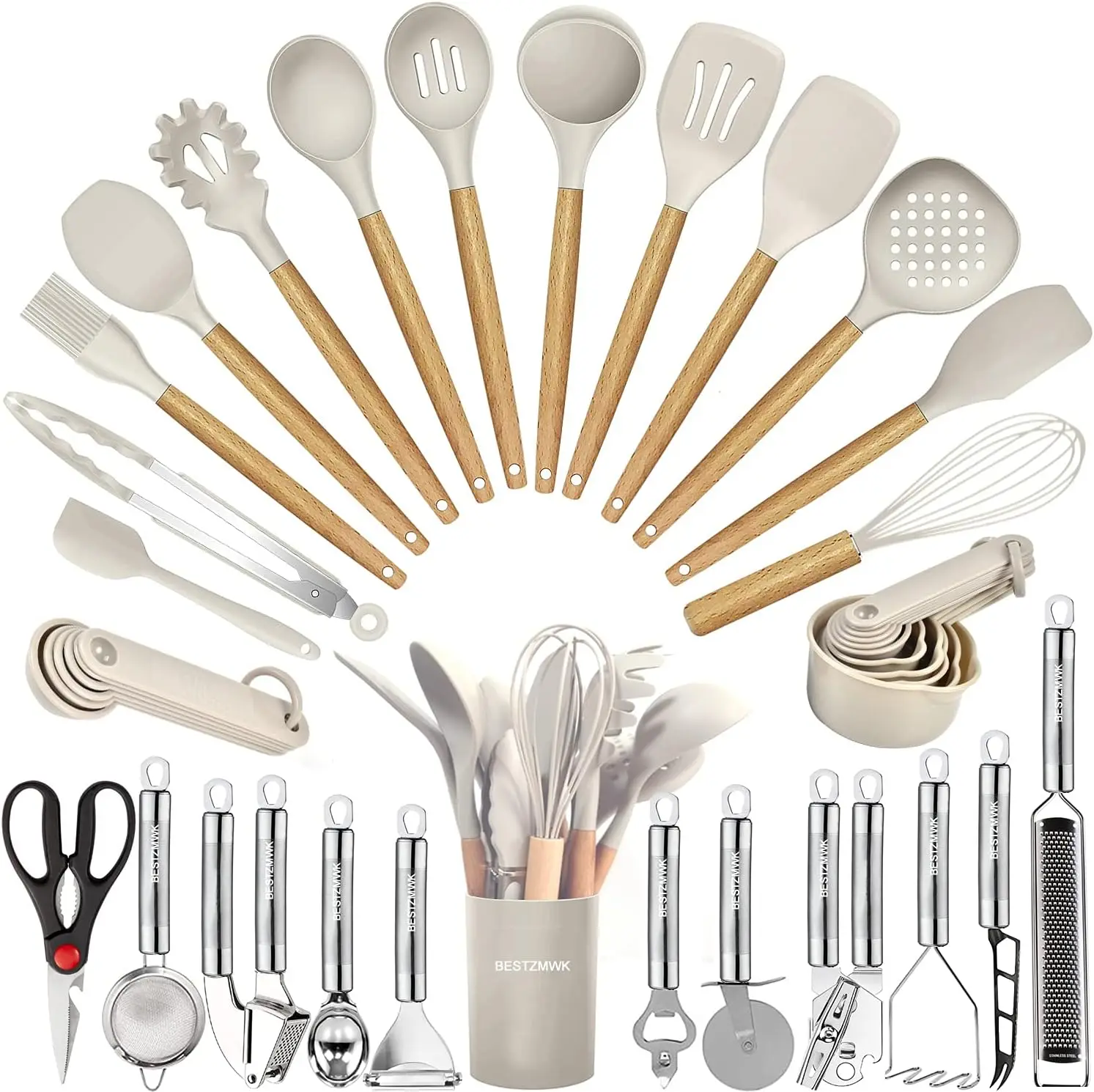 35 Pcs Silicone Cooking Utensil Set, Non-Stick Kitchen Utensils Set Wooden Handle, Heat Resistant, Dark Gray DGPCT