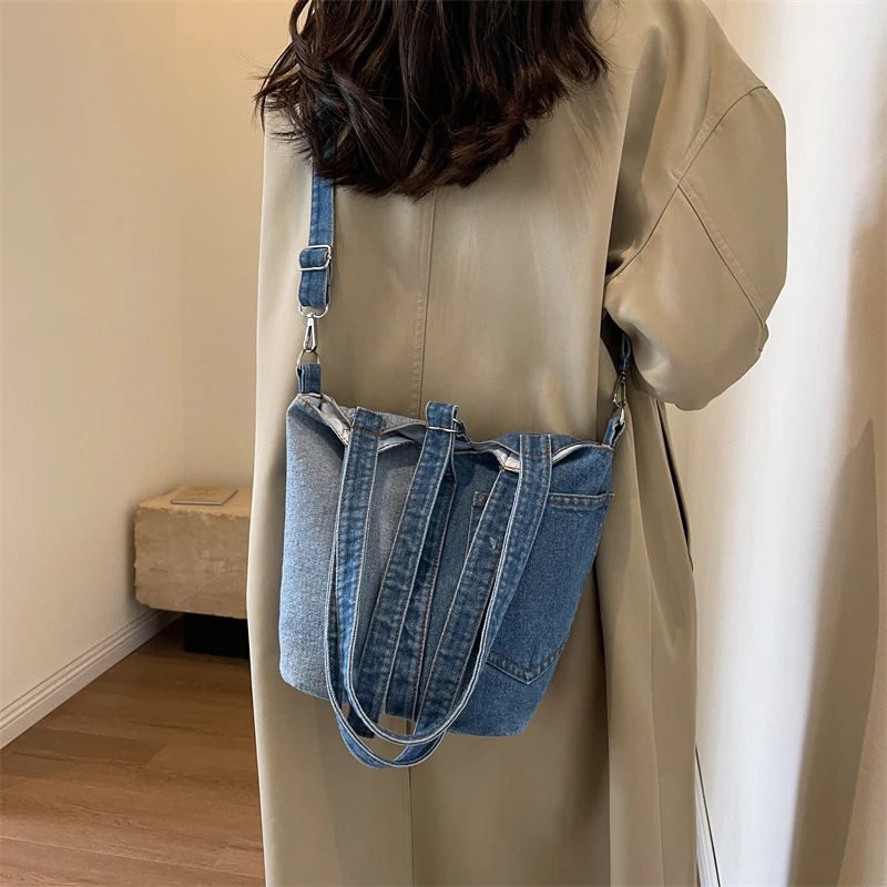 Fashion Denim Bucket Bag Women Shoulder Bag Lady Travel Designer