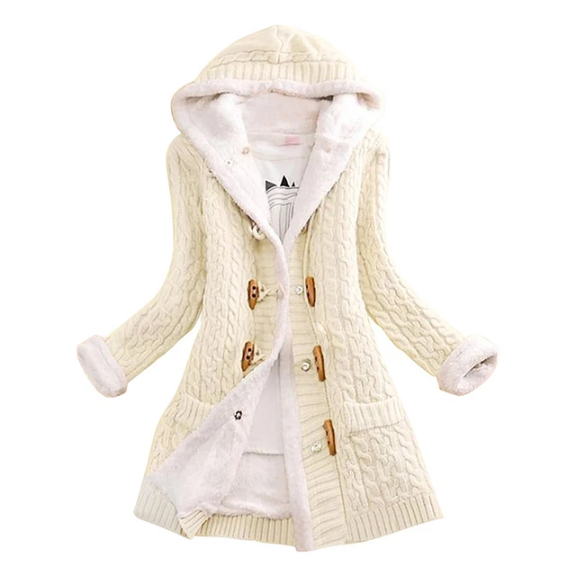 Women Hooded Cardigans Thick Plush Lined Knitted Sweater Coat with