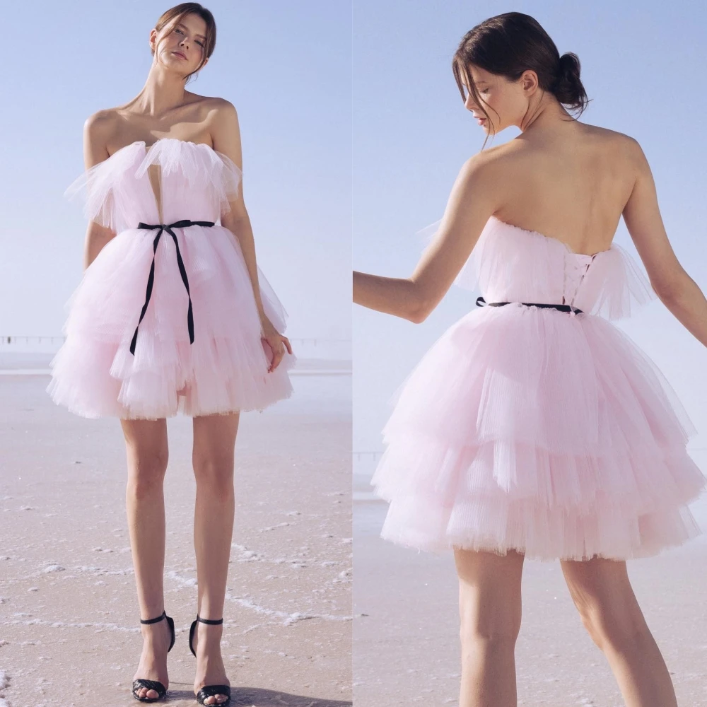 Tulle Sash Pleat Party A-line Strapless Bespoke Occasion Gown Mini Dresses
