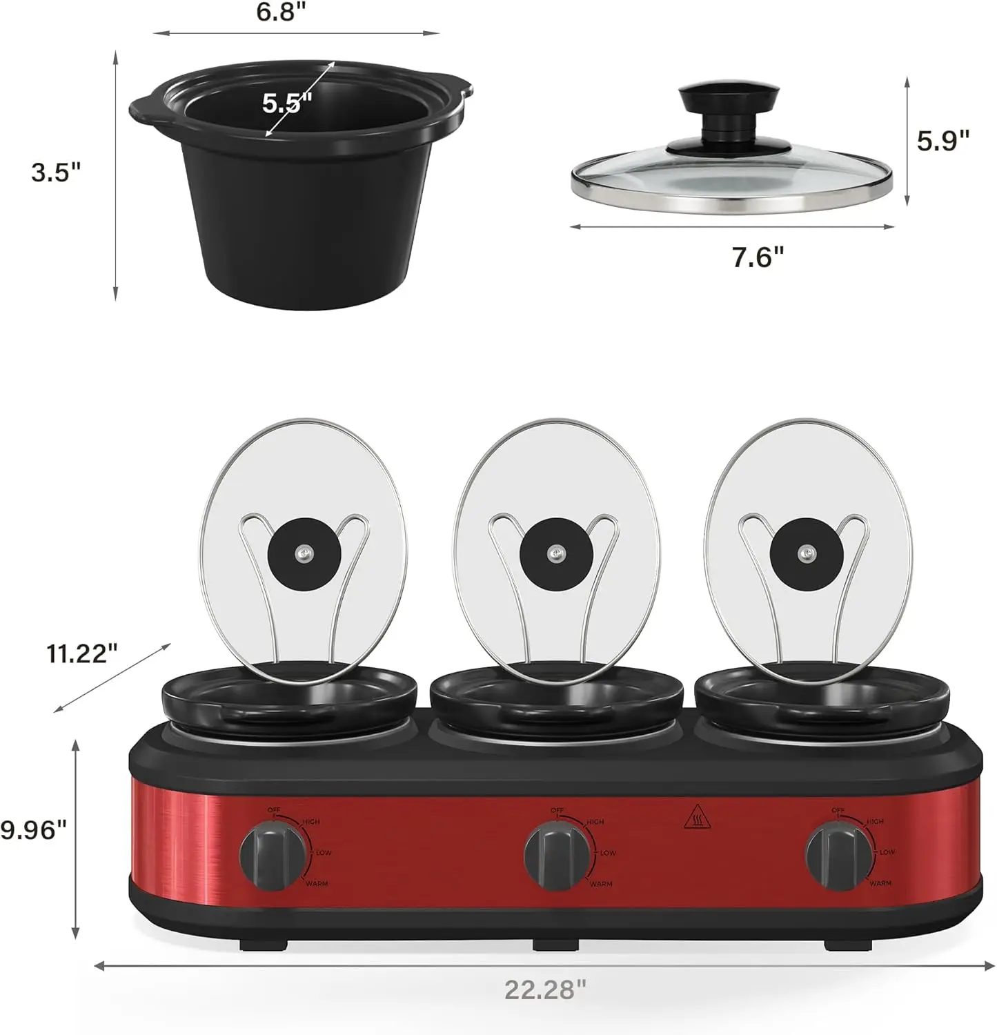 Cooker, 3 x 1.5 QT Portable Small Dual Crock Cooker, Buffet Servers and Warmers Dishwasher Safe, Removable Ceramic Pot Glass Lid 6