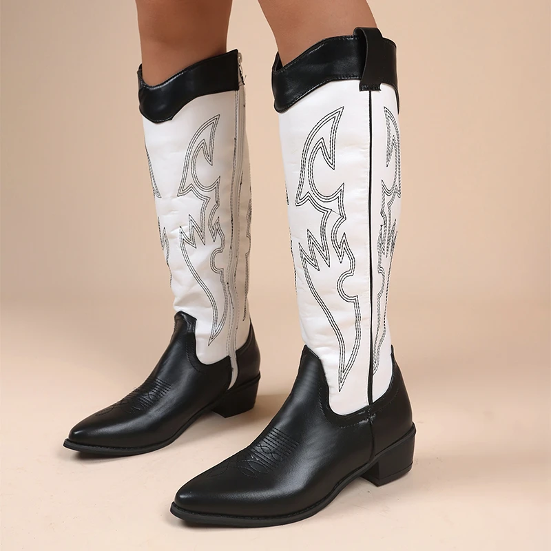 

Женские сапоги в западном стиле, узкие рыцарские сапоги с острым носком и вышивкой, модные Универсальные повседневные сапоги до колена, большие размеры