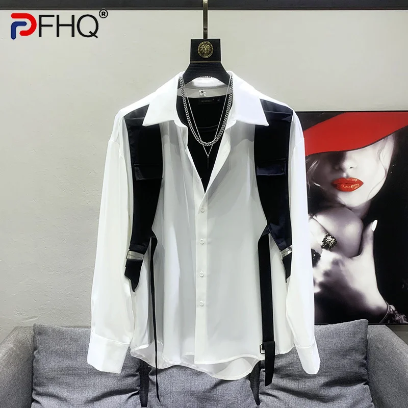 

PFHQ 2023 Spring Fashion Color Contrast Long Sleeve Loose Waistband Shirts Men's Korean Design High Quality Handsome Luxury New