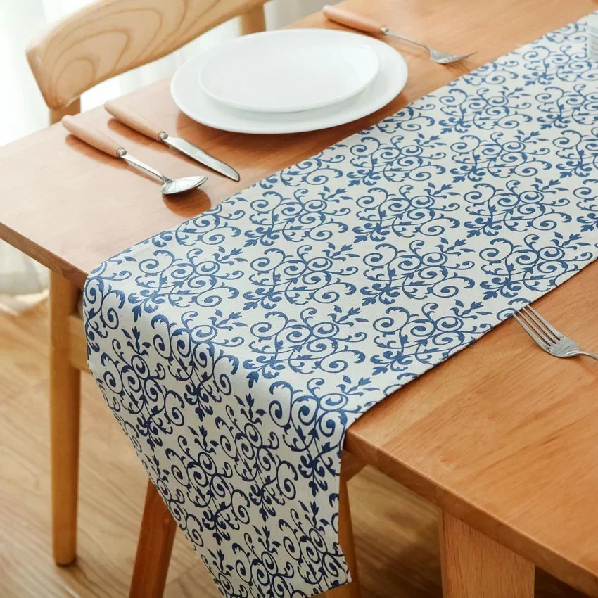 

Cotton Linen Table Runner Blue White Porcelain Printed Flower Table Cover Household Dining Table Runners Rectangle Dustproof