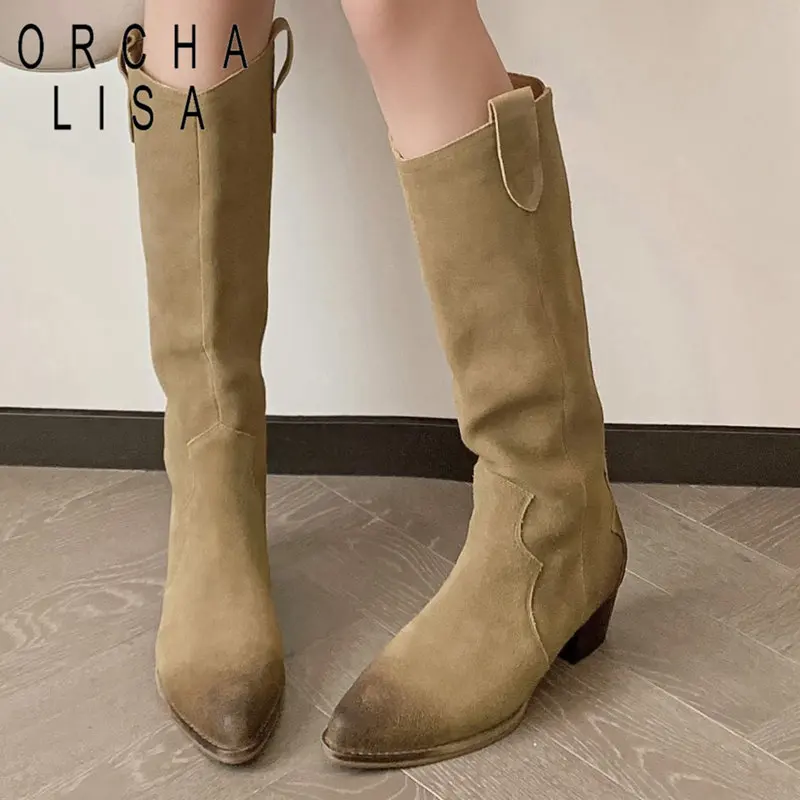 

ORCHA LISA Cow Suede Genuine Leather Women Western Boots Pointed Toe Block Heel 4cm Slip On Retro Fashion Knee High Female Booty