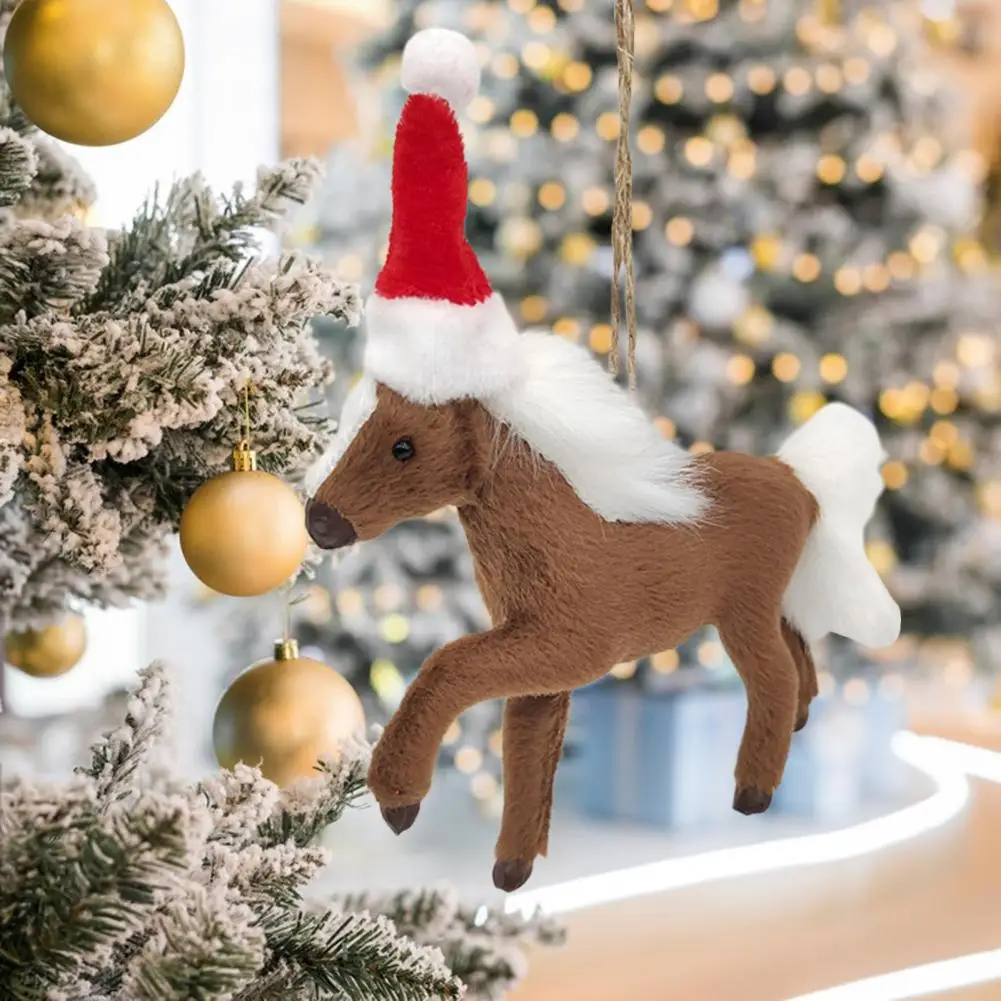 Horse Pendant Lovely Christmas Hat Simulation Animal Model Hanging Ornaments Faux Fur Horse Doll Christmas Tree Pendant Home Dec