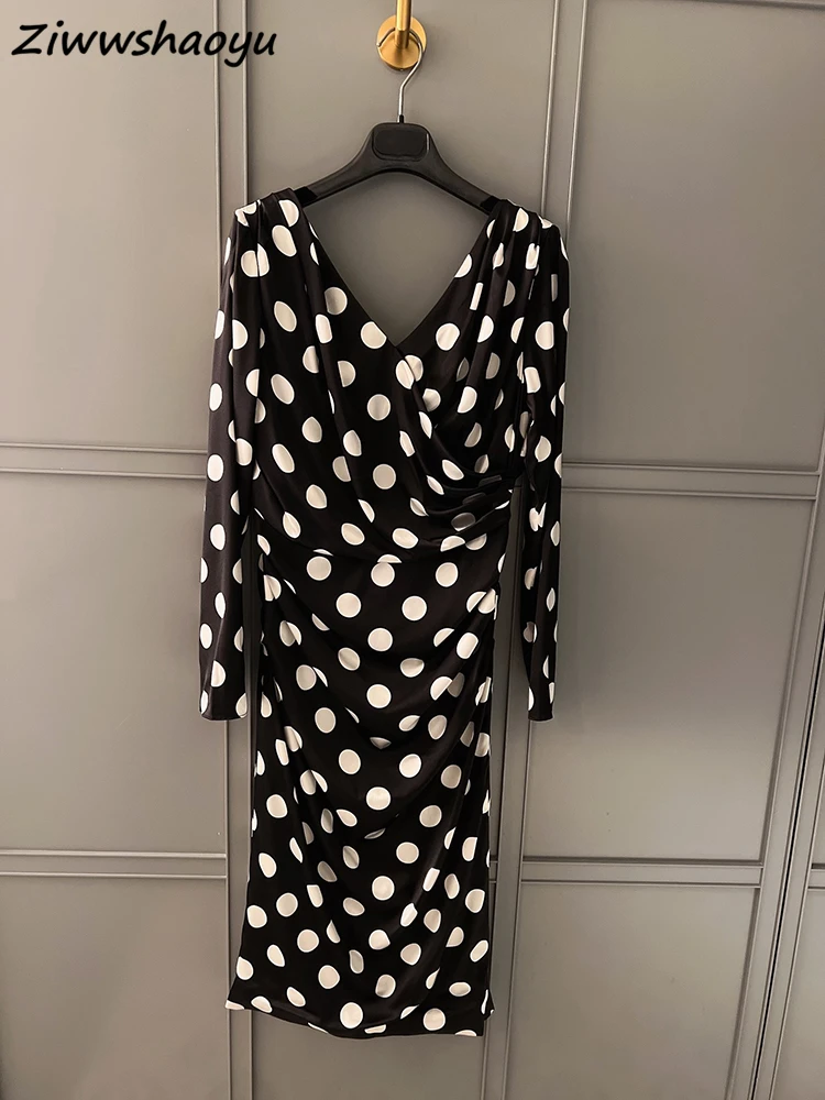 

High Quality Summer Women Fashion Runway Designer Real Silk Lantern Sleeve Shirring Polka Dot Printed Pencil Midi Dresses