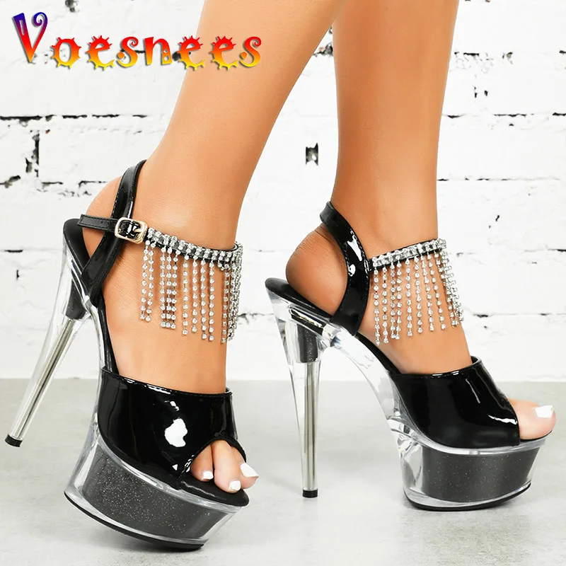 

Brand Luxury Wedding Shoes Women Ankle Rhinestone High Heels Summer Sexy Gladiator Sandals Summer 2023 New Transparent Platform