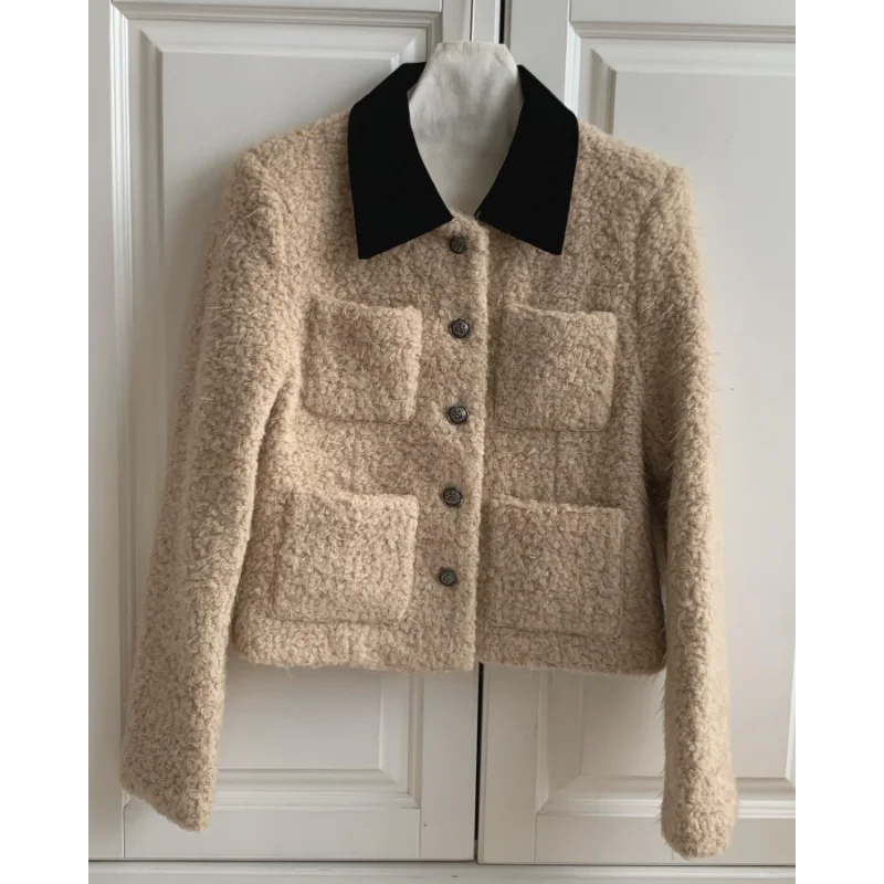 Khaki Stitching Lapel French Vintage Women Coat Small Fragrant Korea Long Sleeve Pocket Elegant Casual Short Coat Autumn Winter
