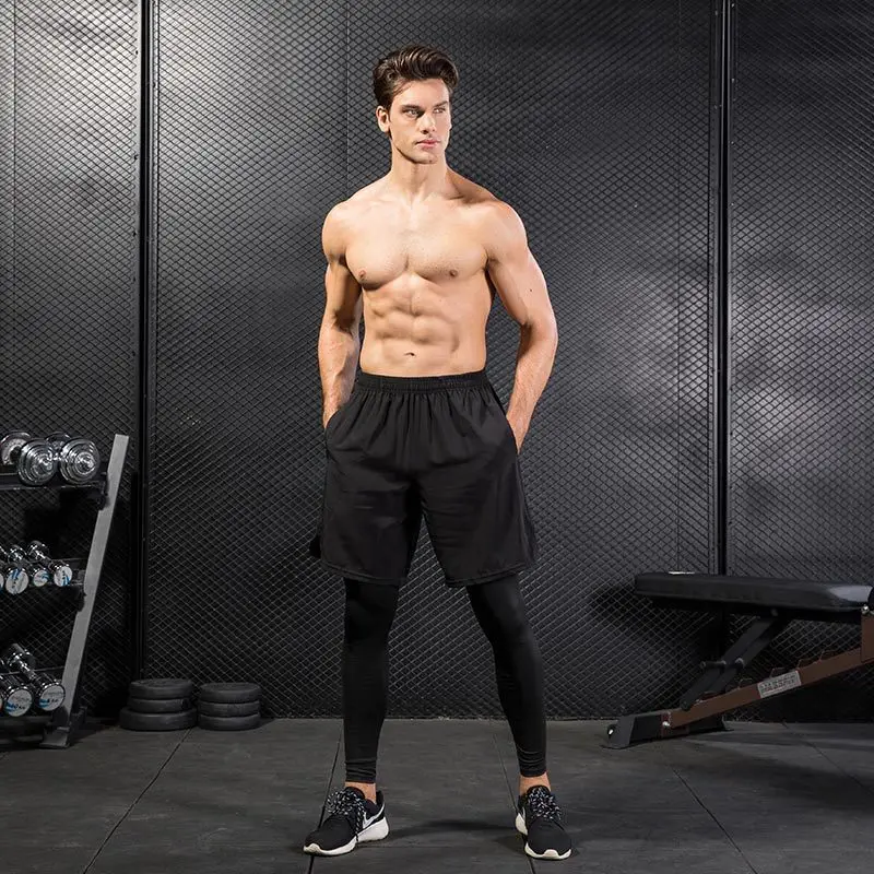 Men Cycling Tights Fitness Sport Leggings 2-in-1 Running Sweatpants with Pocket Gym Trousers Quick Dry Bottoms Jogger Sportswear