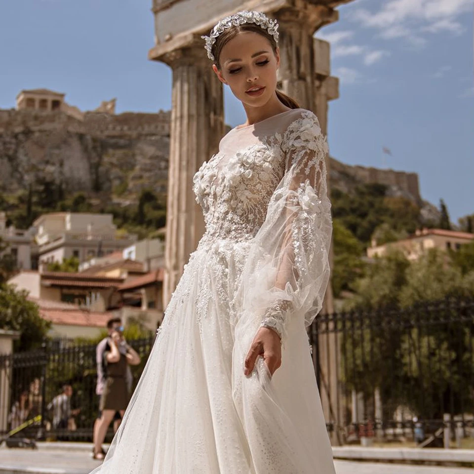 Boho 3D-Blumen A-Linie Lange Puffärmel Strandhochzeitskleider 2026 Prinzessin Perlen Verzierte Applikationen Brautkleid Vestido De Noiva – Detail 7