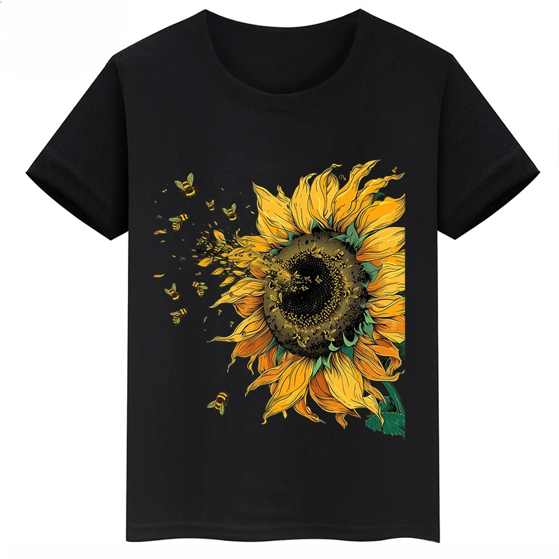 thumbnail image 1 of Ropa infantil con estampado de abejas, camisetas negras de manga corta de verano para niños, camisetas de algodón personalizadas para niños y niñas, 1 of 5
