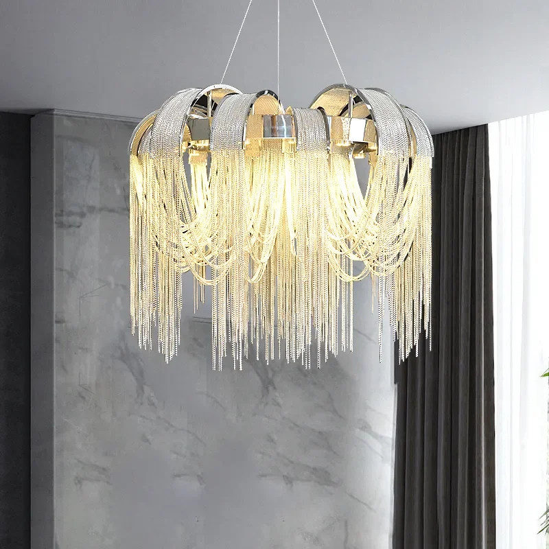 

Modern silver chandelier living room bedroom tassel aluminum chain decor hanging lamp round dining room light fixtures