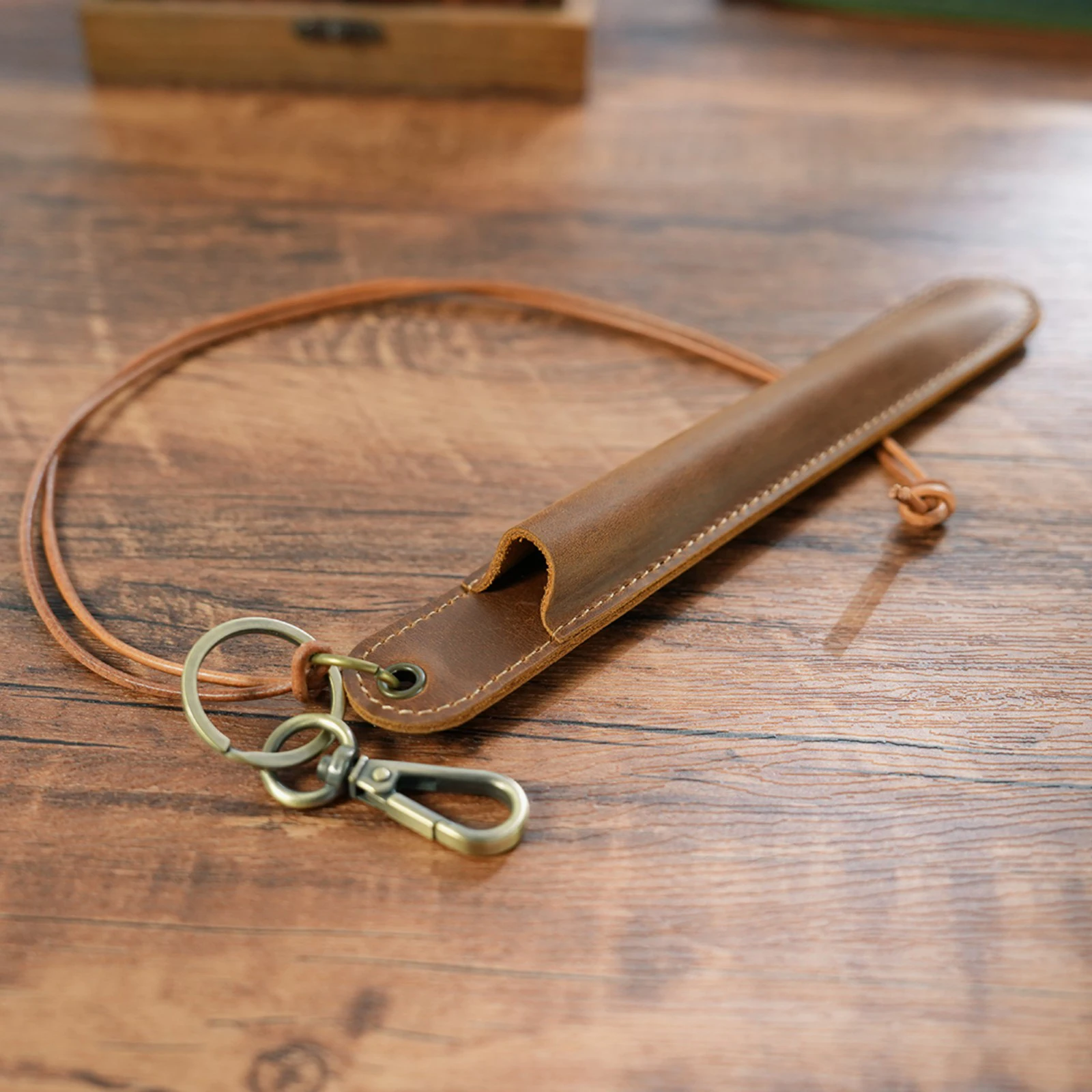 Genuine Leather Lanyard Pen Holder Portable Single Pencil Case Vintage Pen Pouch Sleeve Pen Protective Cover with Keychain 6