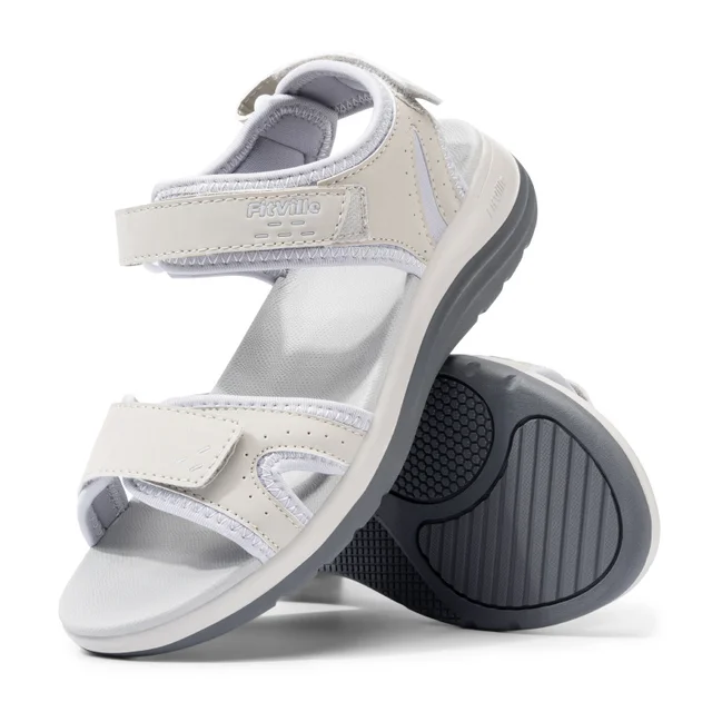 FitVille Women'S Sandals Summer Beach Flats Adjustable Ankle Strap For Swollen And Flat Feet With Arch Support Open Toe Orthotic