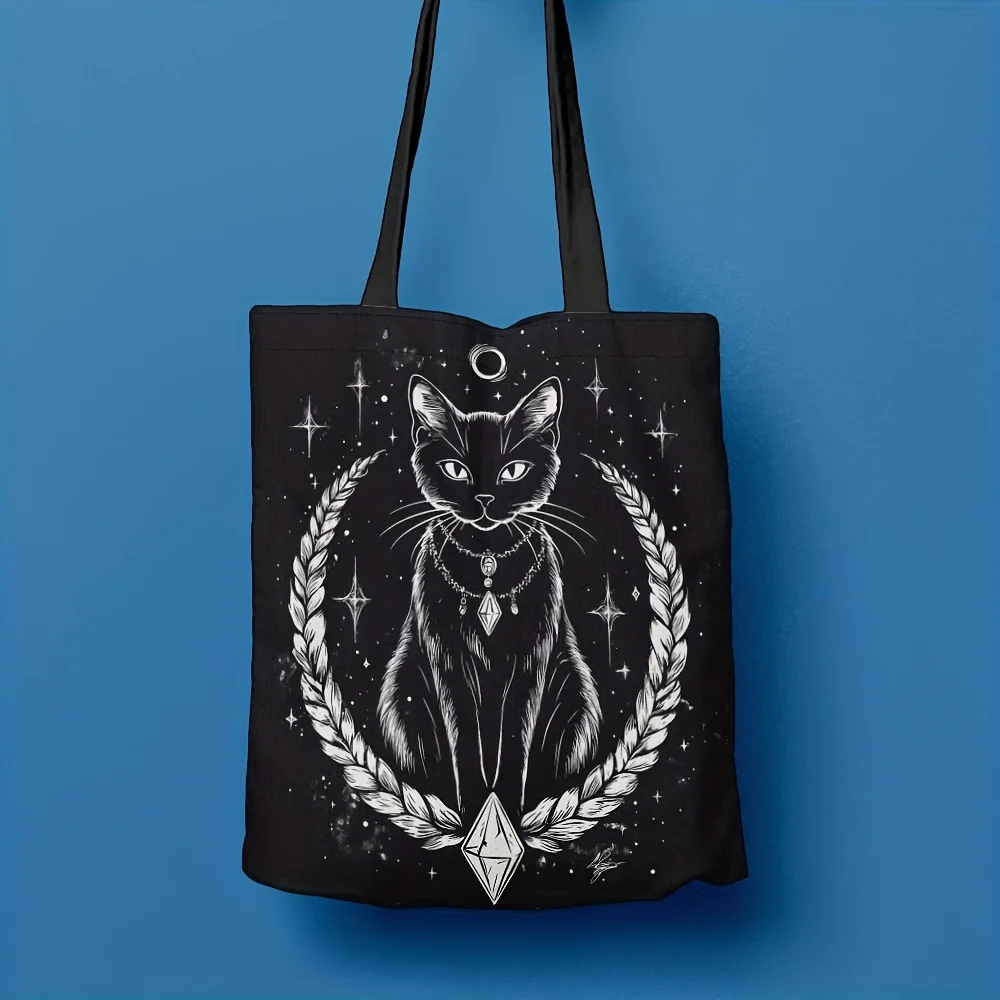 Sac à main cabas élégant chat noir et lune croissant nuit étoilée_voghion.com