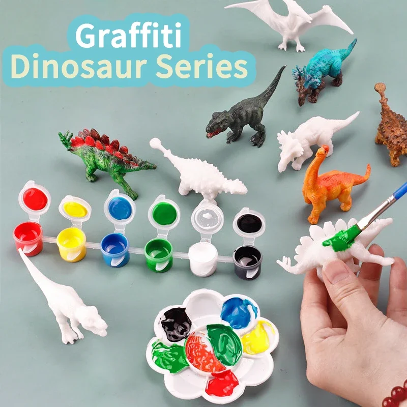 8Pcs DIY 공룡 그림 키트 도색되지 않은 공룡 아트 공예 색칠 장난감 페인트 도구 포함 소년 소녀를위한 창조적 인 수제 장난감