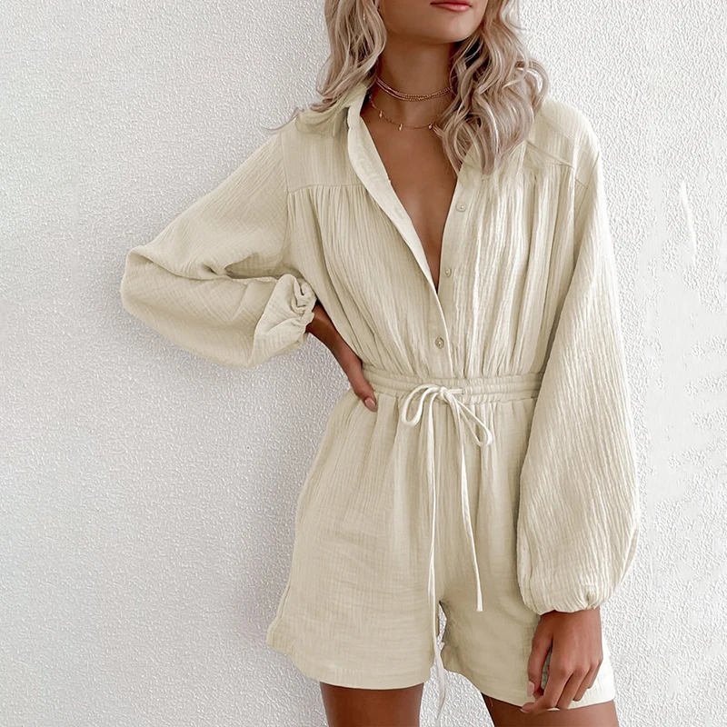 Loose Jumpsuit Long-Sleeved Summer Drawstring Pockets Women Waisted Single-Breasted Cardigan Ladies Sets New Fashion Female Suit 2023 new jumpsuits for women casual air essentials jumpsuit ladies summer sleeveless jumpsuit with pockets belted wide leg pant