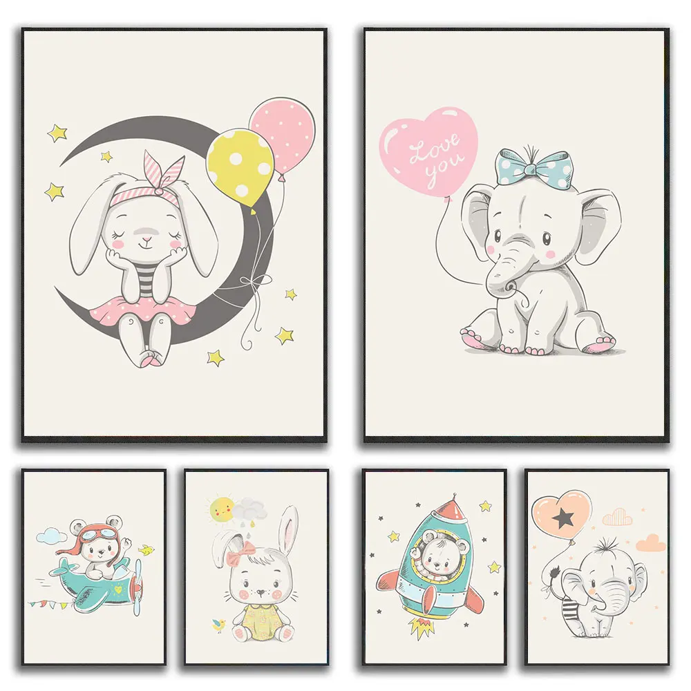 

Cartoon Rabbit Elephent Nurser Wall Art Canvas Painting Nordic Star Balloon Cloud Poster And Print Wall Picture Kids Room Decor