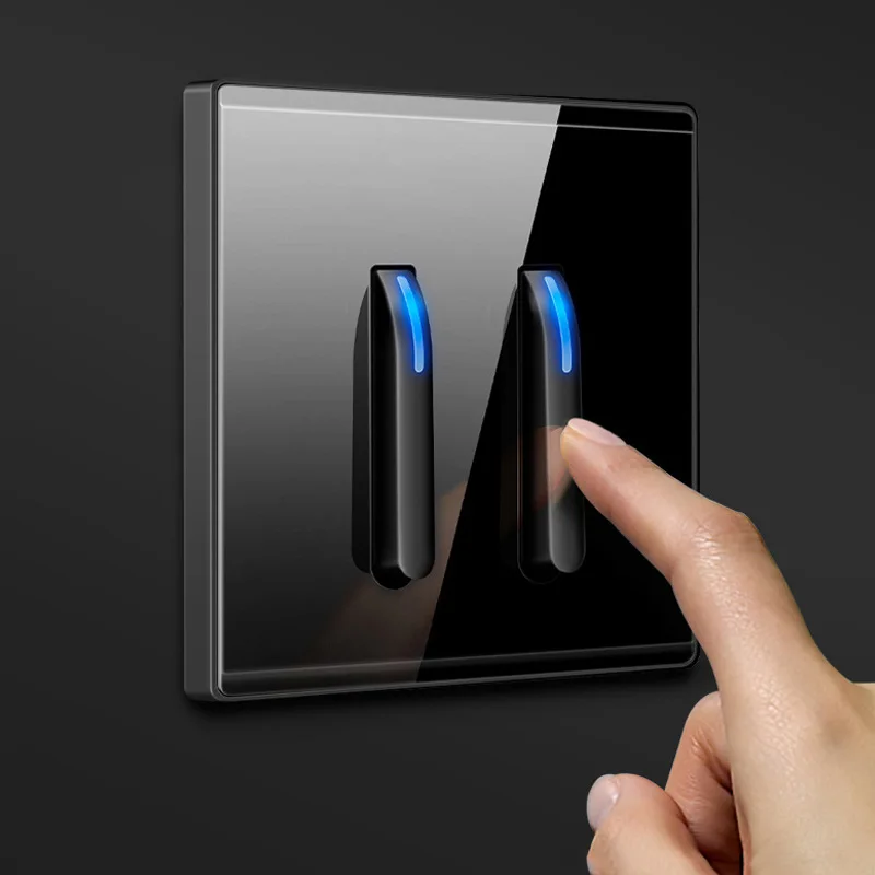 Interruptor de Luz Luxuoso com Indicador Led Cristal Preto Vidro Temperado Aço Tecla do Piano Design do Modelo Interruptor de Parede do Botão Reino Unido fr Soquete da ue