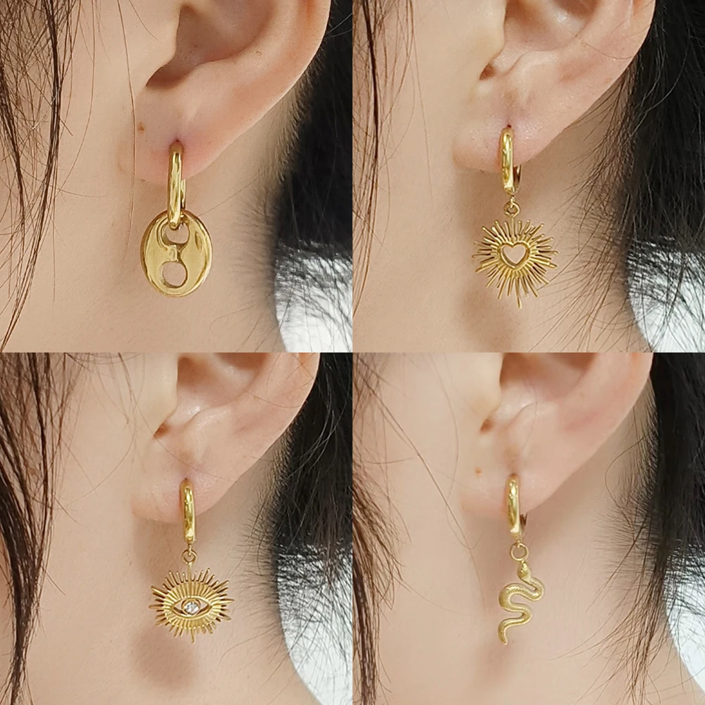 316L Stainless Steel Earring Hoop Earrings For Women Chain Earring Charm Geometric Round Star Snake Pendant Earring Jewelry Gift 4