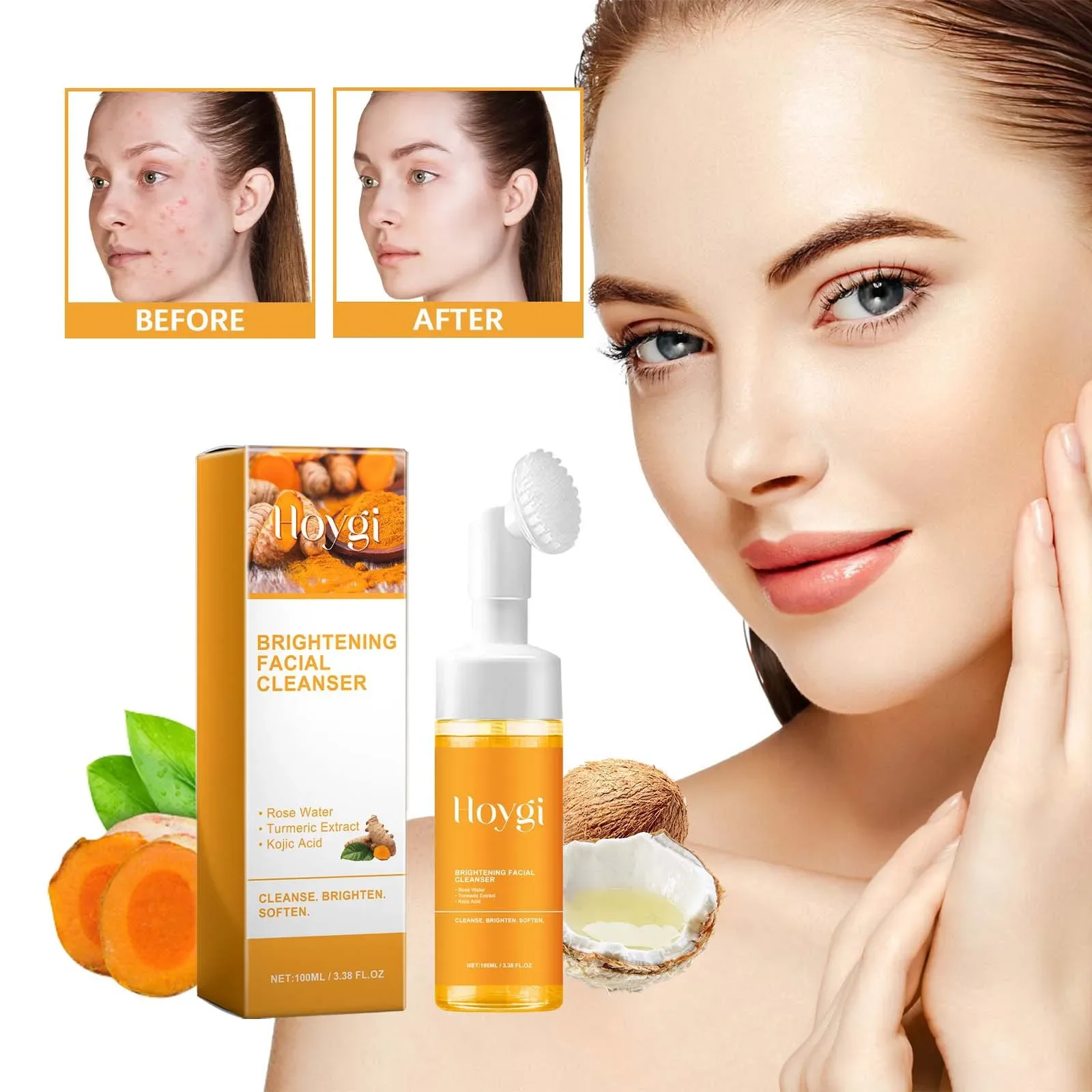 Restore Skin Radiance! Hoygi Turmeric Facial Cleanser Deep Cleansing Moisturizing Whitening and Skin-Purifying Fading Acne Marks