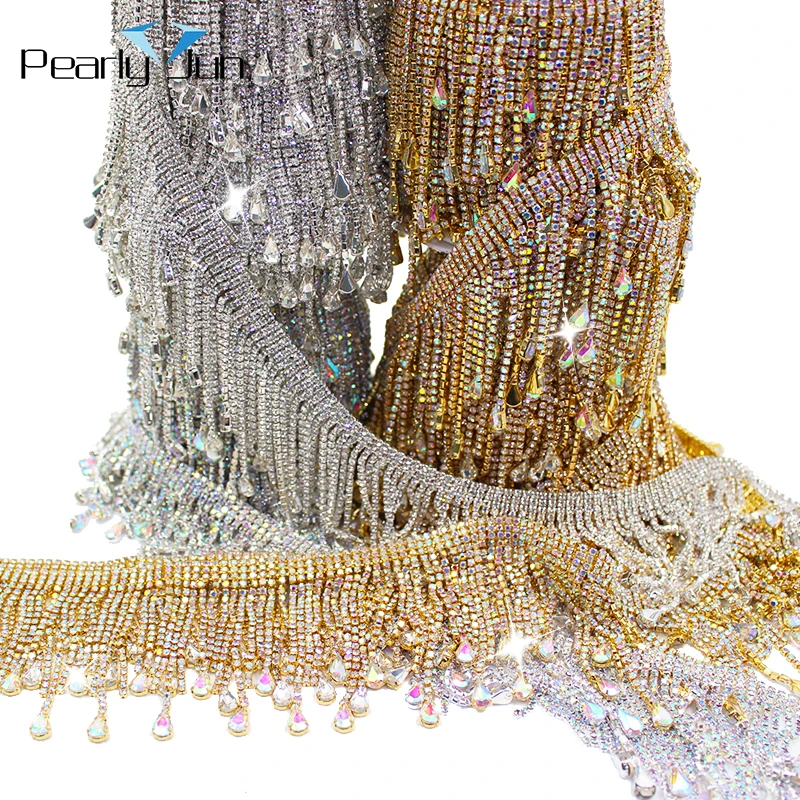 

1/5 Yards DIY Glass Teardrop Rhinestone Tassels Metal Chain Crystal Gold AB Fringe Dancing Dress Shinning Trimming Strass ML124