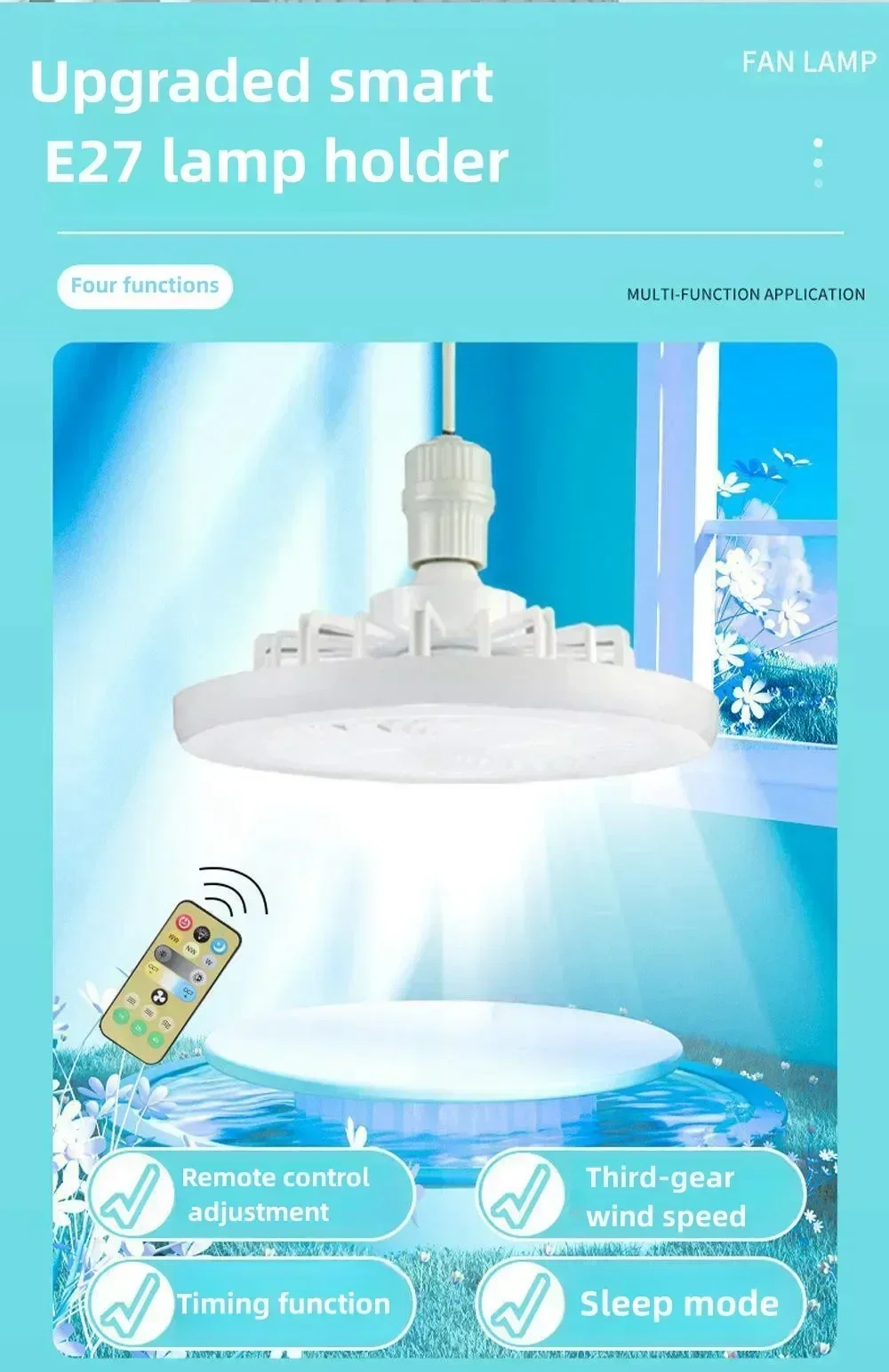 Description Picture 6 of itemSmart 3 In 1 Ceiling Fan With Remote Control Lighting E27 Conversion Base 85-265v Lighting Base Suitable for Bedroom and Living