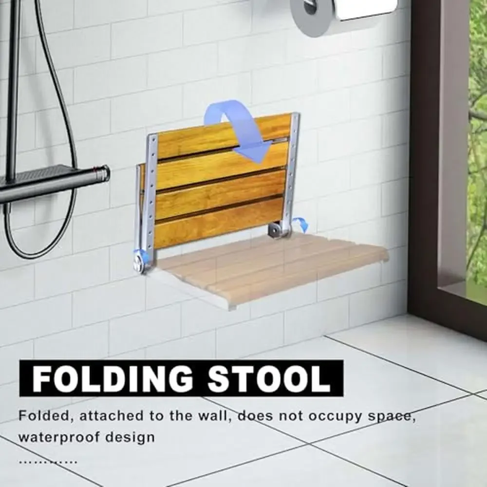 Teak Shower Bench Wall Mounted Grab Bar Folding Seat Rust Resistant Armrest Bathroom Stool 17.52in ergonomic Design Wet Room