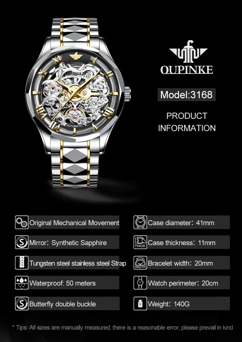 OUPINKE Automatic Mechanical Watch for Men Swiss Certification Gold Watch Skeleton Sapphire Crystal Waterproof Man Wristwatch