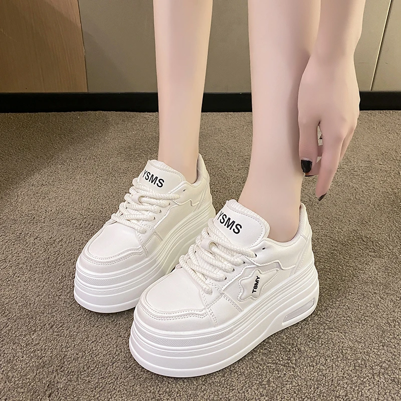 

8CM High Platform Shoes Women New 2023 Autumn Chunky Sneakers Designer Thick Sole Leather Sports Shoes Breathable Sneakers Woman