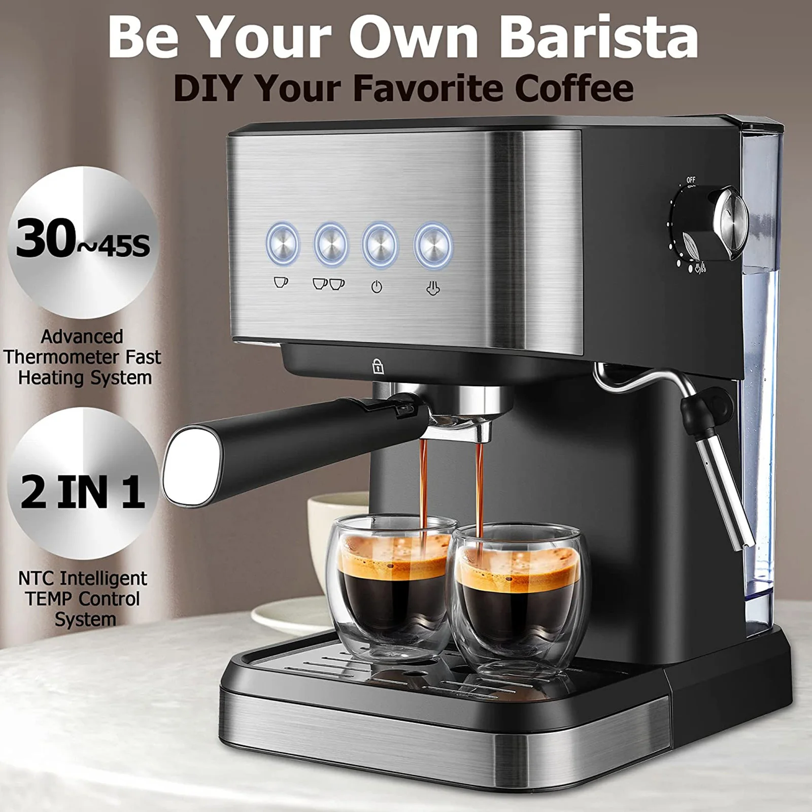 

Espresso Machine 1050W All-In-One Semi-Automatic Coffee Machine with Milk Frother Steam Wand/1.5L Water Tank/Coffee Portafilter