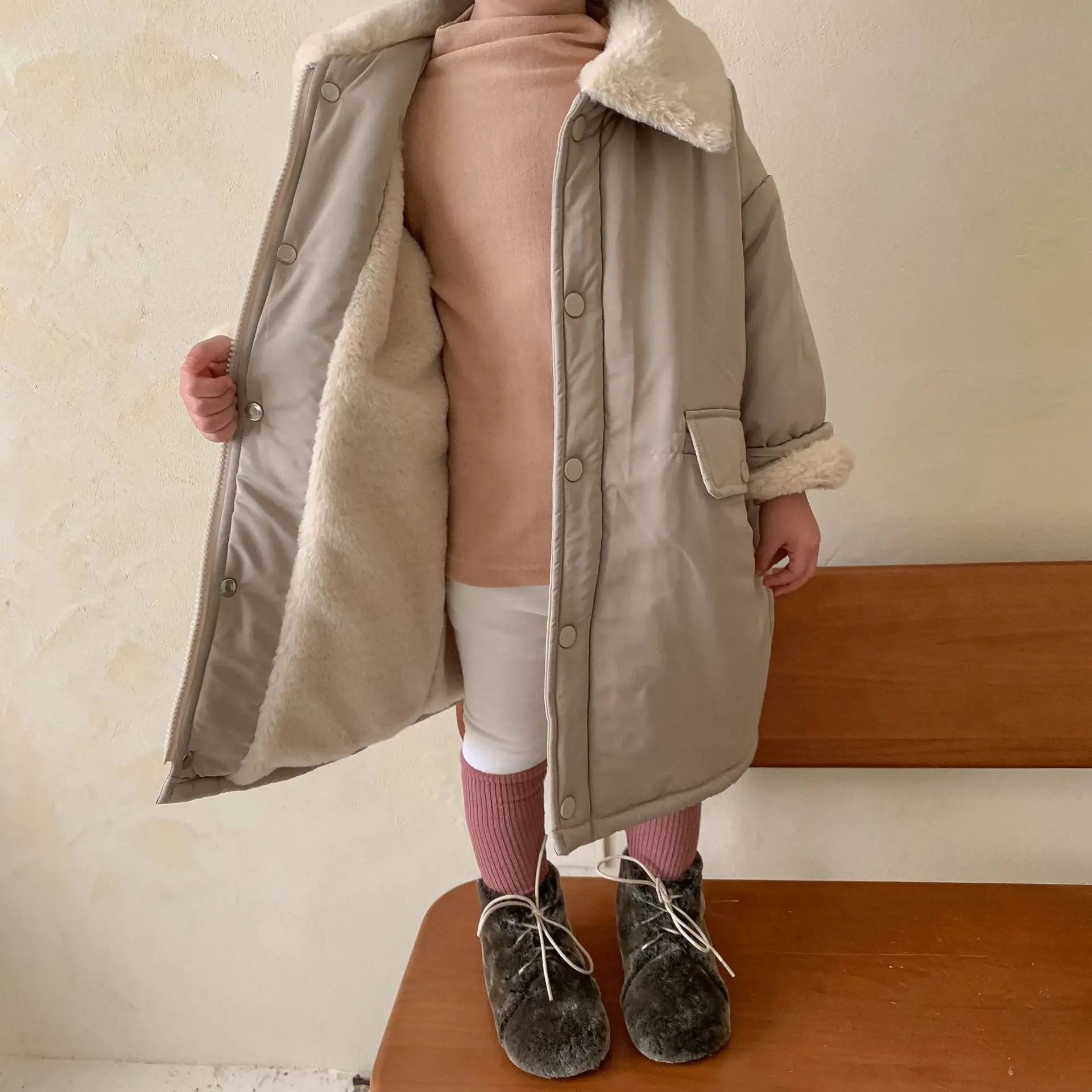 Winter Girls Boys Thick Warm Fleece Long Jacket Baby Kids Children Pocket Coat Outerwear Two Colors
