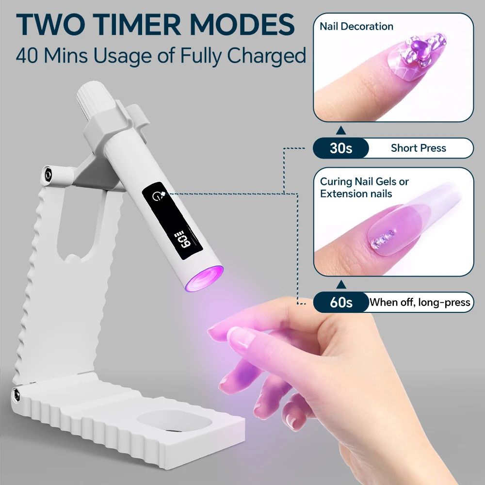 Portable UV Nail Light Handheld Nail Lamp with Timer, Adjustable Stand and LED Indicator, Rechargeable Nail Dryer for Nails Art