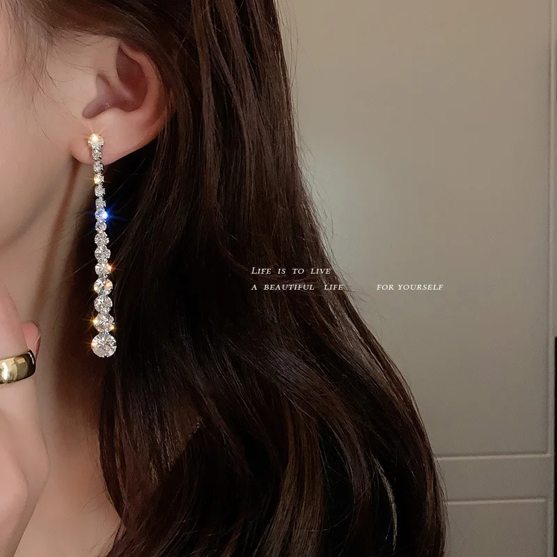 

925 Silver needle diamond earrings Korean tassel long temperament earrings personality everything design sense ear accessories