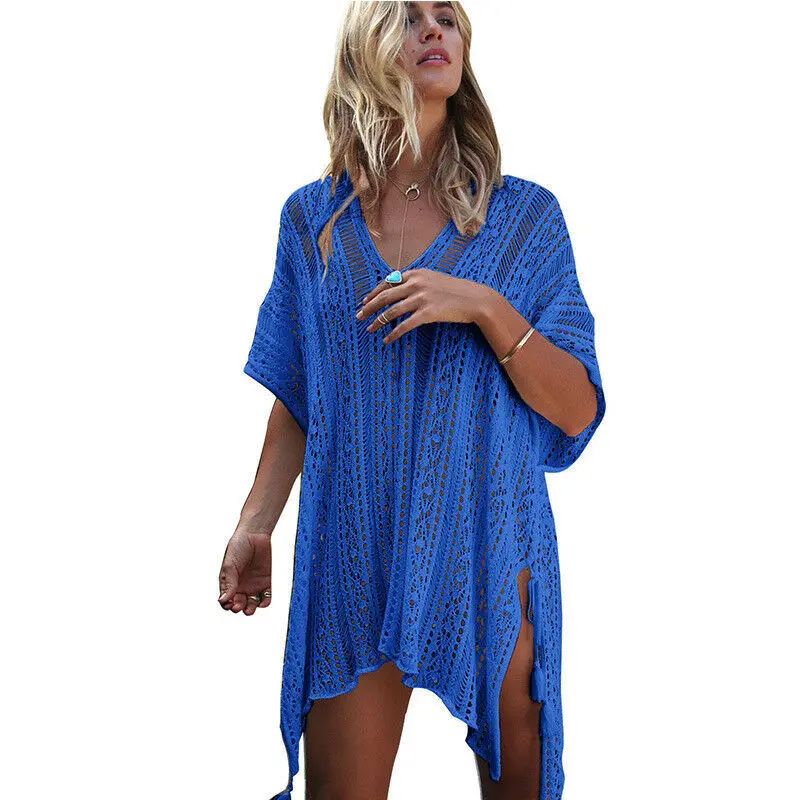 Casual Bikini Cover Up Women Hollow Out Crochet Beach Wear Summer Loose Bathing Suit Short Sleeve Beachwear Solid Color Cover Up