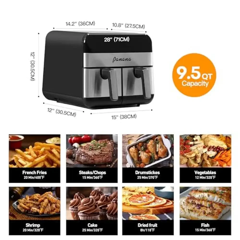 XL 9.5 Quart Dual-Basket Air Fryer with 8 Preset Cooking Functions Versatile Smart Cooker Baking Roasting Reheating Large 5