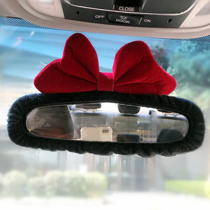 Creative Cute Panda Devil Horns Bow Doll Car Mirror Cover Decoration New Cartoon Animal Reverse Mirror Car Interior Accessories