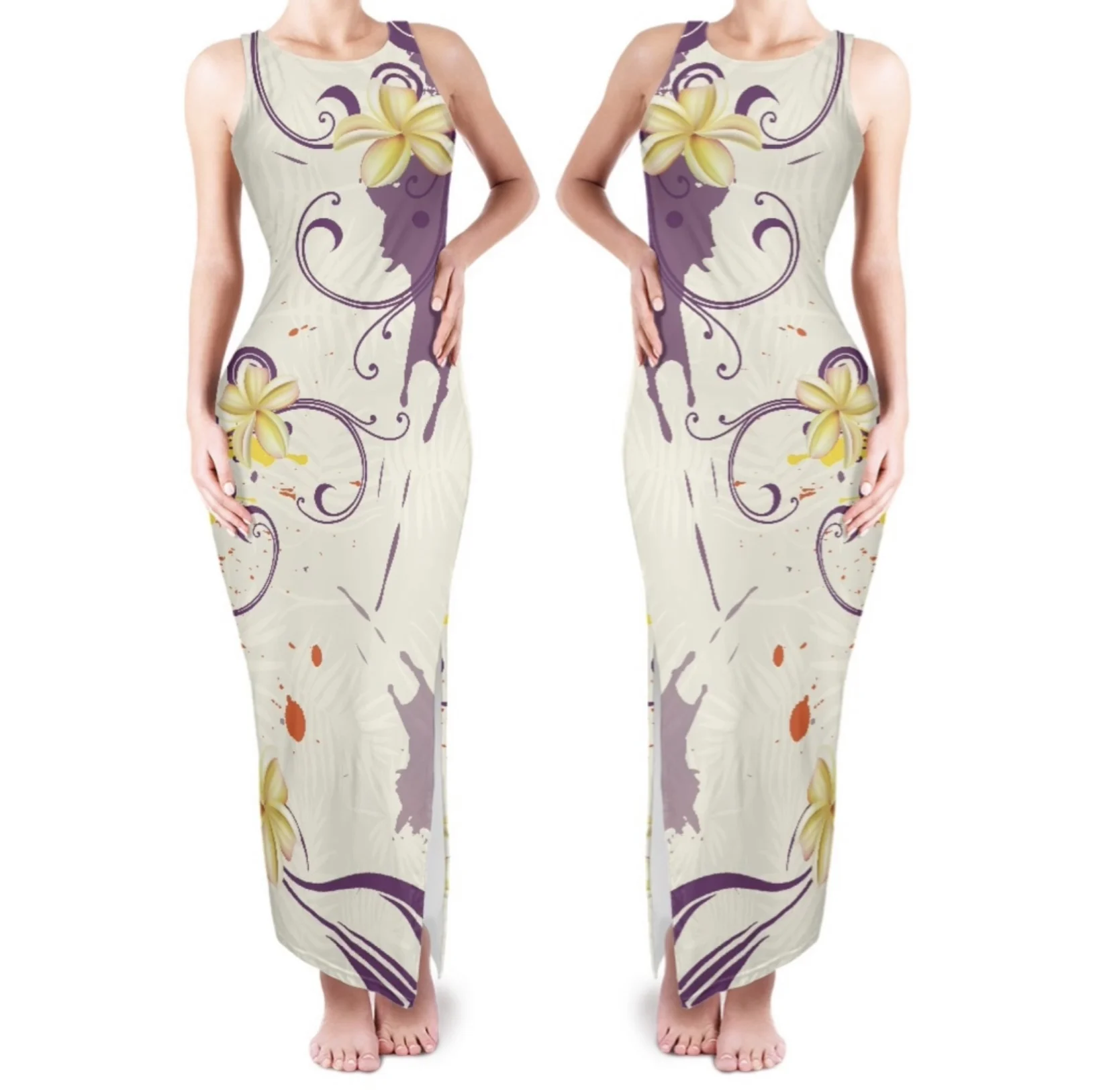 

Polynesian Tribal Pohnpei Totem Tattoo Prints Sisterly Clothes Sleeveless Off Shoulder Sexy Cheongsam Style Long Dress Party 4XL