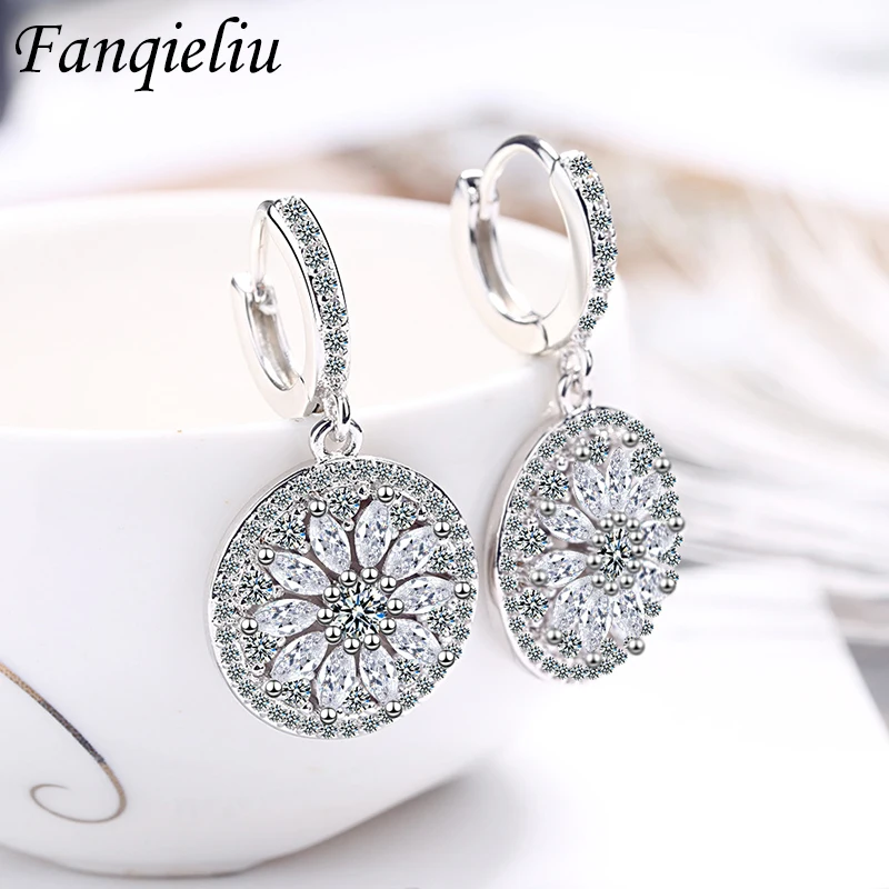 Fanqieliu S925 Stamp Silver Drop Earrings For Women New Round Crystal Luxury Jewelry Girl Gift Trendy FQL20411