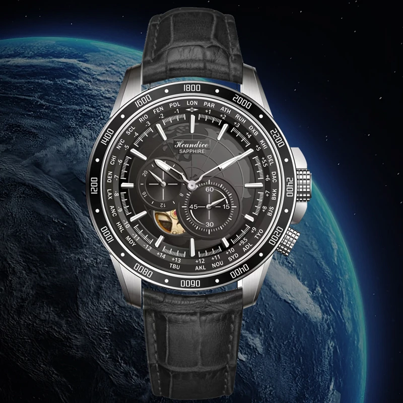 

5Bar GMT Automatic Mechanical Wristwatch World Map Man 3D Relief Big Dial Auto Date Stainless Stee Clock Sapphire Luminous Watch