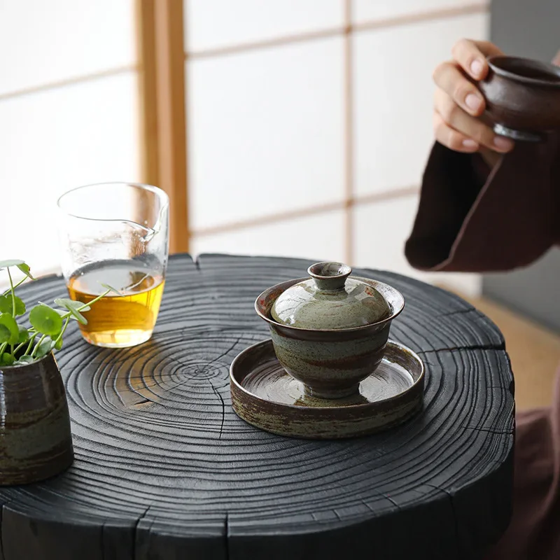 Japanese Style Handmade Stoneware Tureen High Temperature Reduction Burning Ceramic Gaiwan Tureen Kung Fu Tea Set Tea Bowl