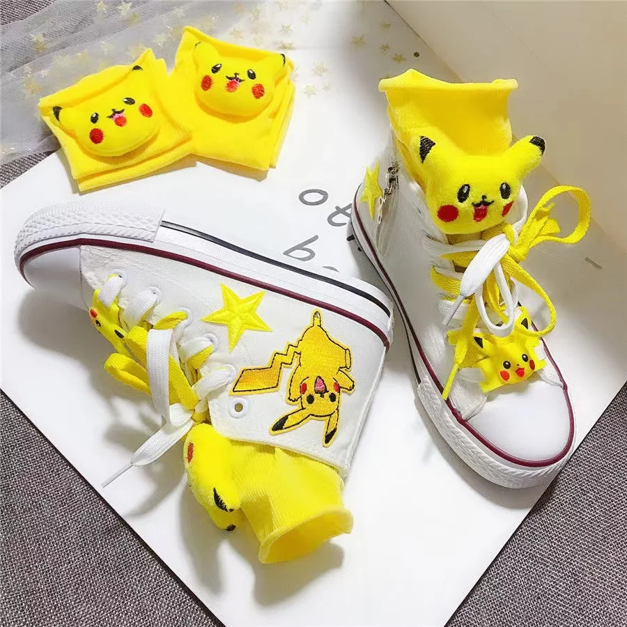 Spring Autumn New Pikachu branded High Top Canvas Shoes Parent Child Shoes Small Large Children's Korean Embroidered Board Shoes